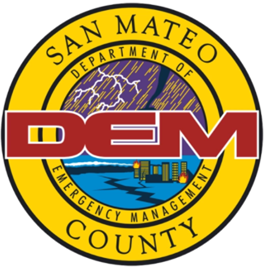Logo of San Mateo County's Department of Emergency Management, featuring a yellow circle with storm imagery and the acronym 